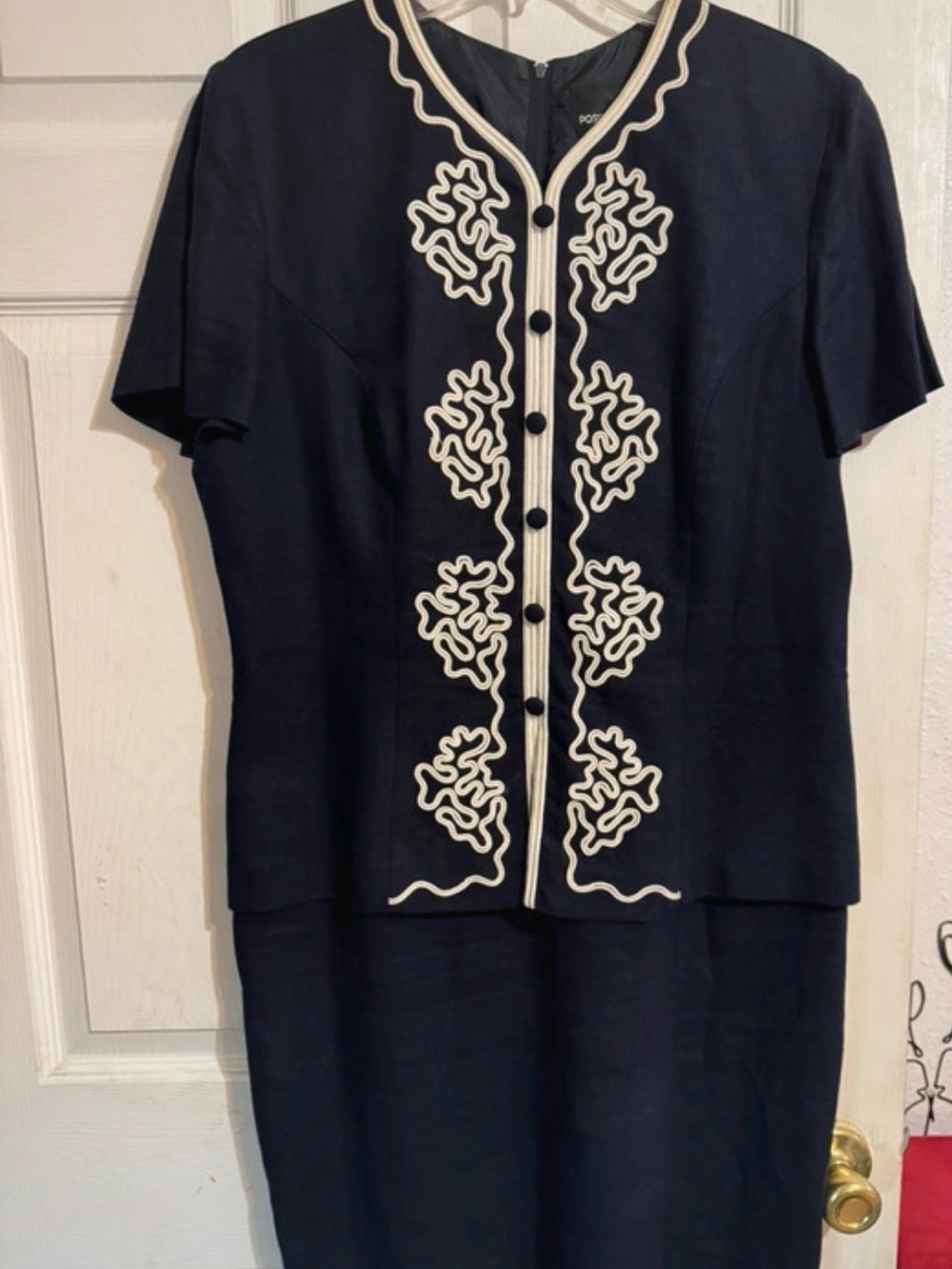 14P Linen Positive Attitude Navy Dress with Cream Trim
